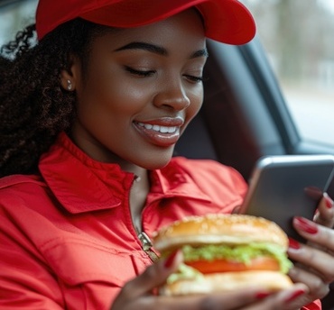 Joyful Fast Food Order: Woman in Red Holds Burger and Phone This image portrays a cheerful moment with a young woman engaging with her phone while holding a burger. She's wearing a red jacket and hat, suggesting casual or sports attire. The background is blurred but appears to be an urban setting, possibly indicating that she's in transit or taking a break during lunch. This scene is relatable for many people who enjoy fast food on the go.